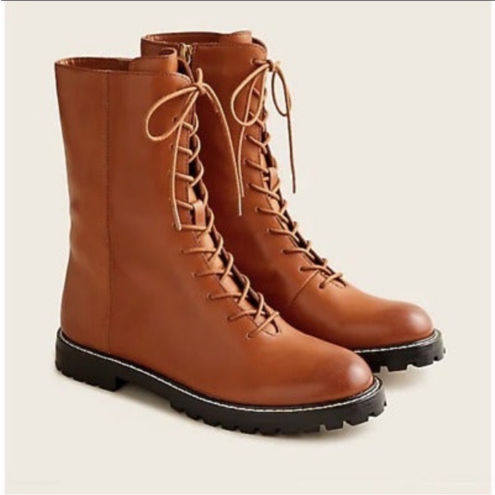 NIB J. Crew Gwen lug-sole leather lace-up tall shaft boots, New